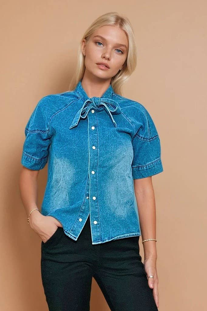 Tie Neck Denim Blouse: Mid Denim