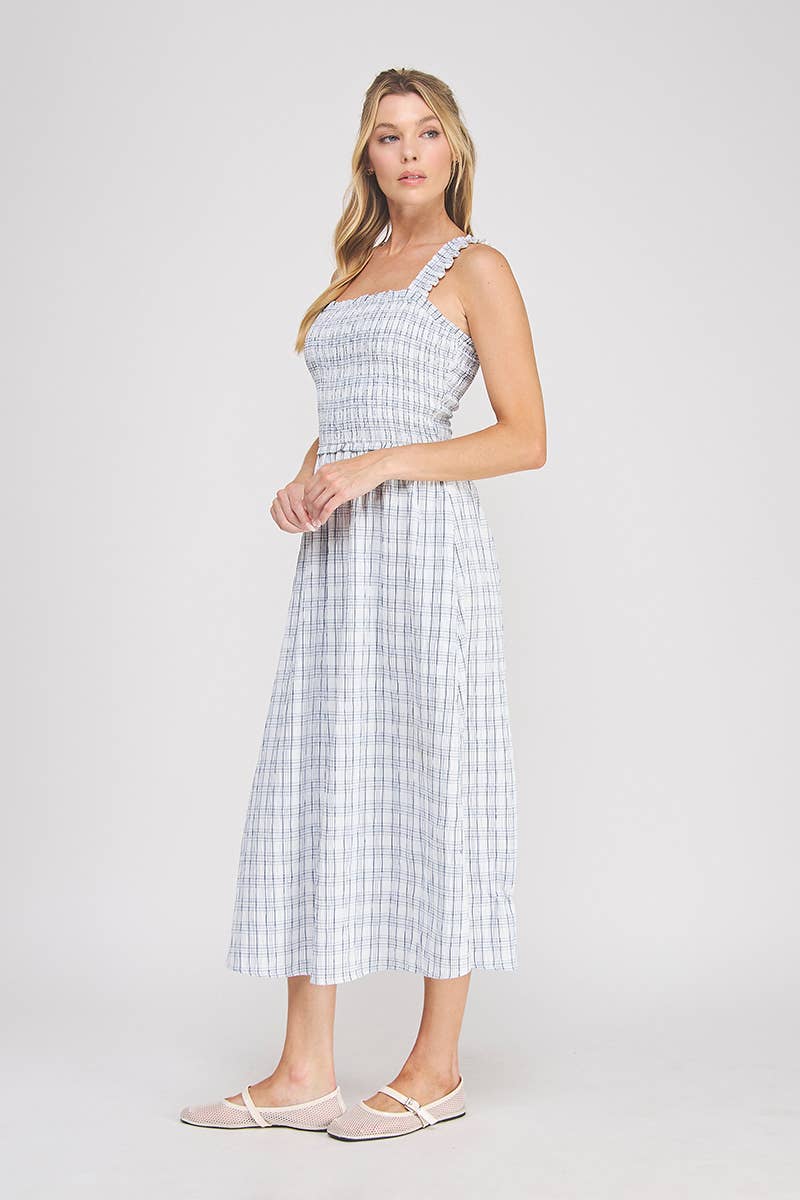 Plaid Print Smocked Midi Dress: BLUE