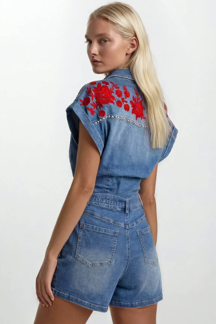 Embroidered Belted Denim Romper: Mid Denim/Red