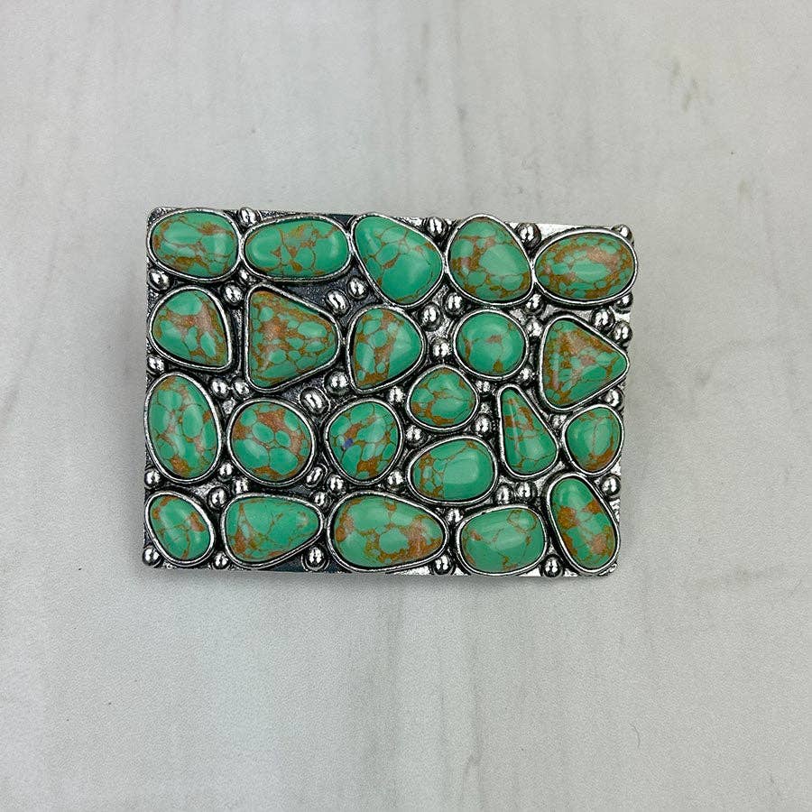 BLT250120-07                    Silver metal with green turquoise stone Rectangle Belt Buckle
