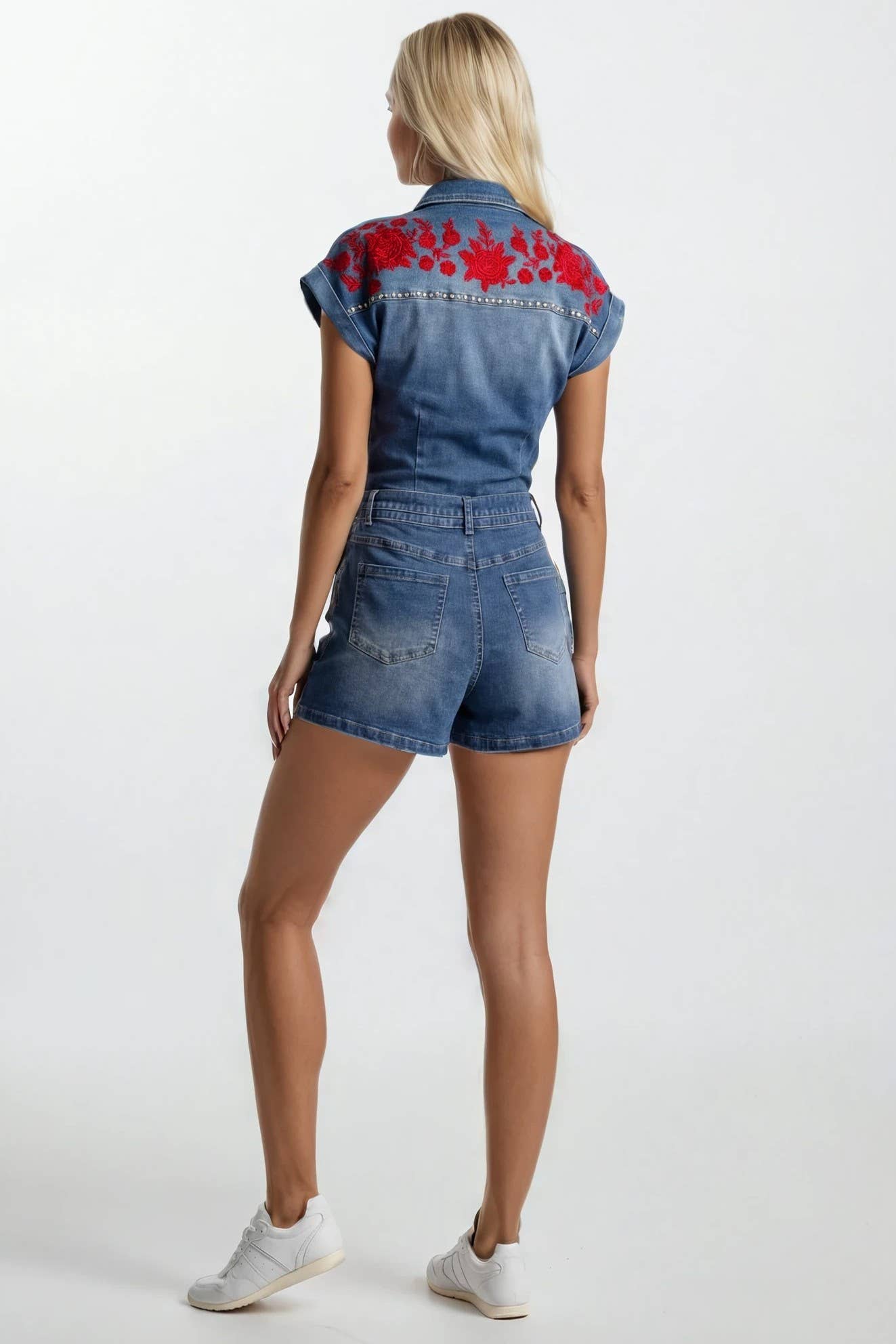 Embroidered Belted Denim Romper: Mid Denim/Red