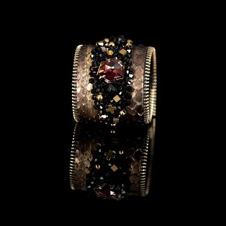 Women’s Statement Gold & Black Beaded Leather Cuff Bracelet: S 18 cm