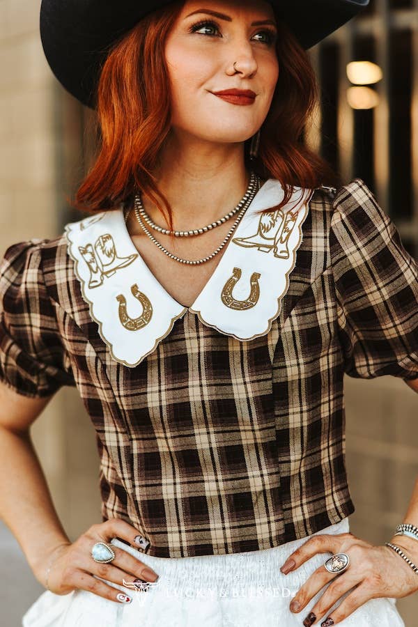Brown Plaid Puff Sleeve Blouse W Collar