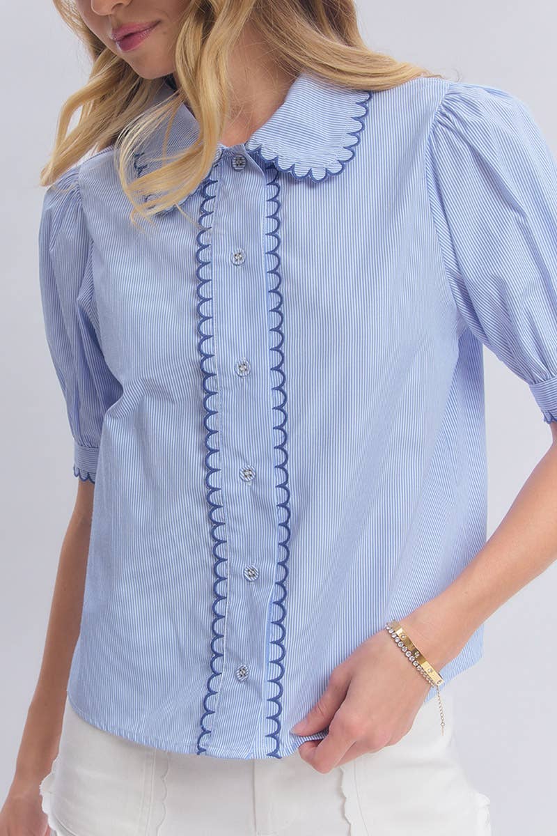Pin Stripe Blouse Top With Scallop Edge Stitching Detail