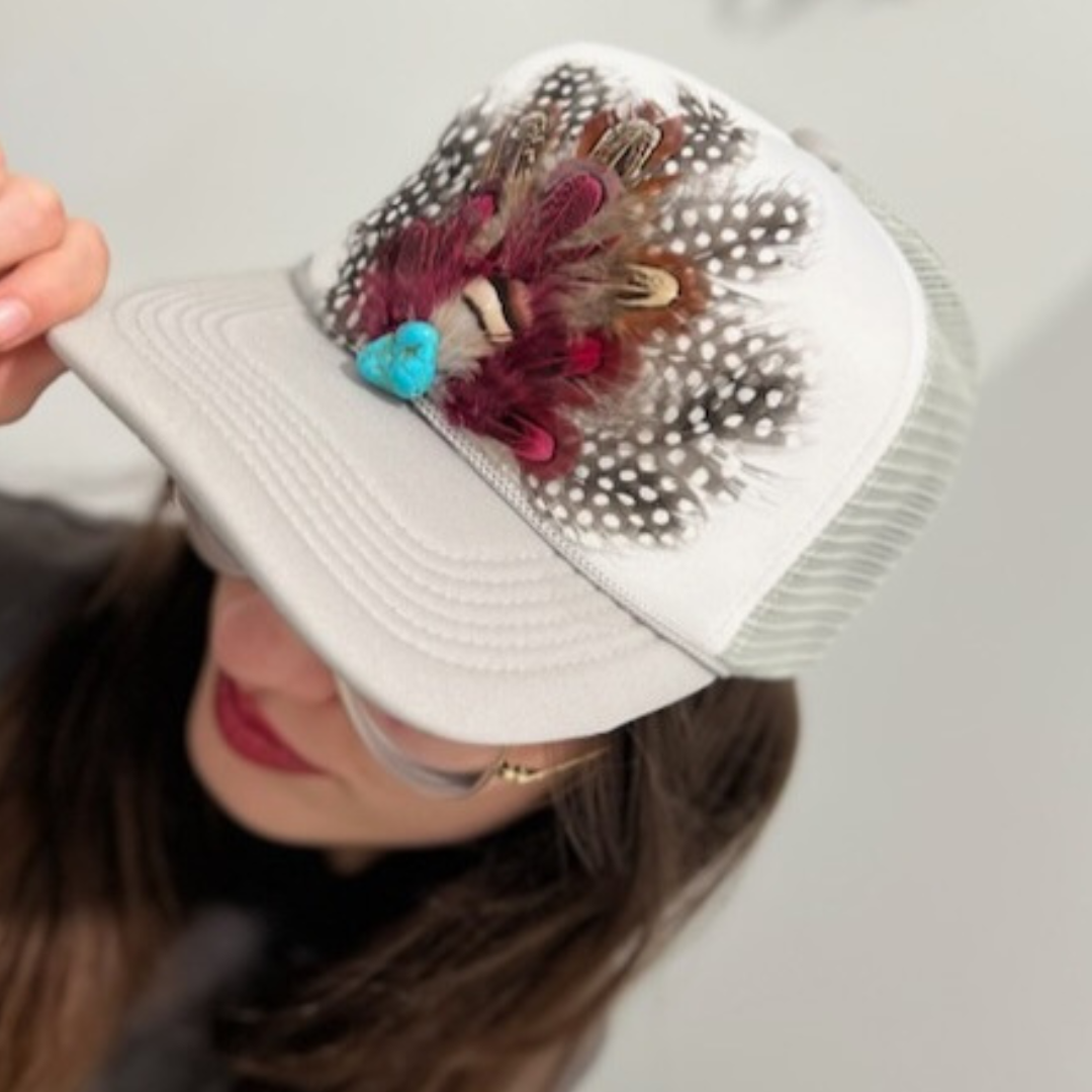 Western Feather Crown Trucker Hat: Grey