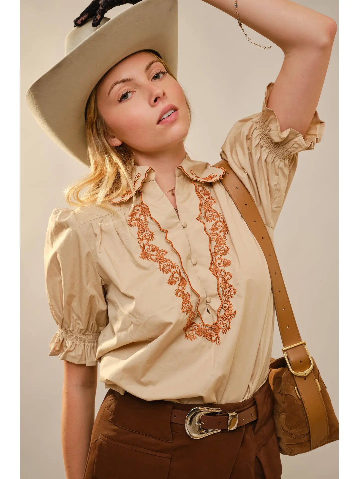 Embroidered Scallop Collar Puff Sleeve Top - Taupe