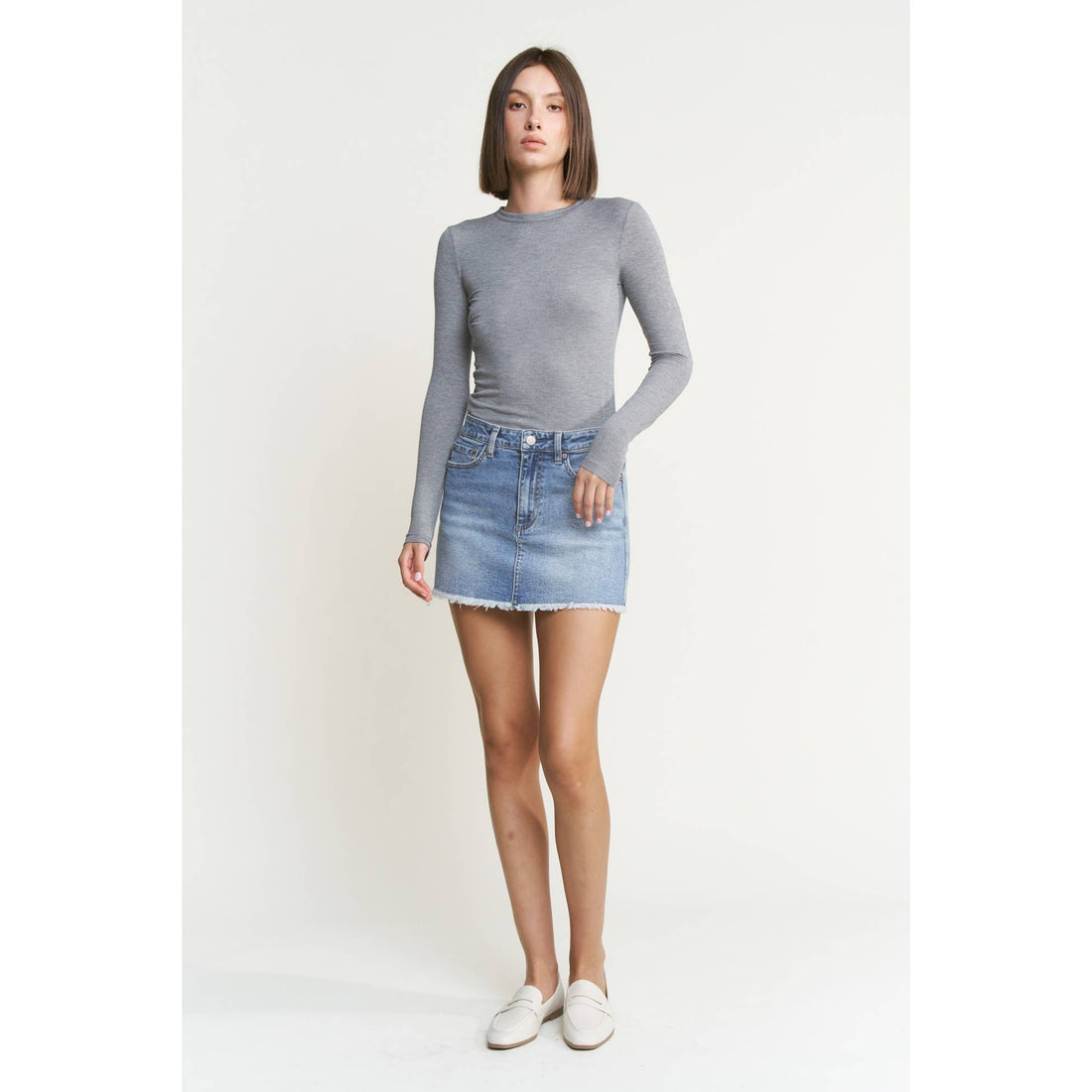 Denim Mini Skirt with Raw Hem: Cyan-Light Blue