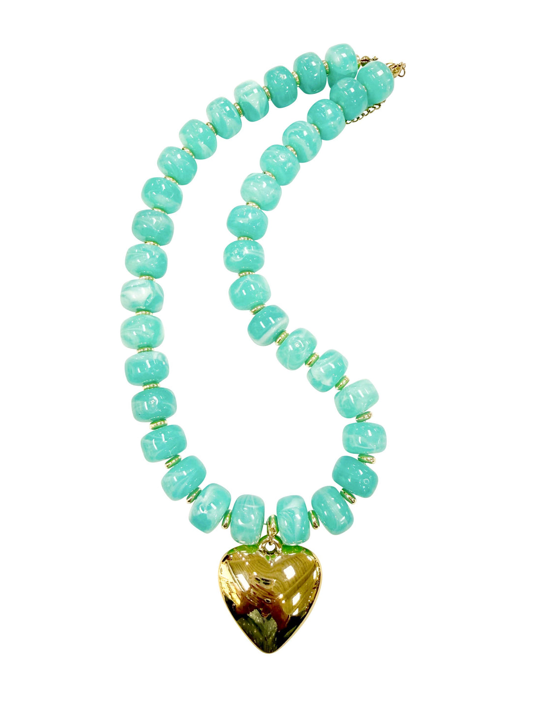 Lundie Chunky Beaded Necklace with Heart Charm- Turquoise