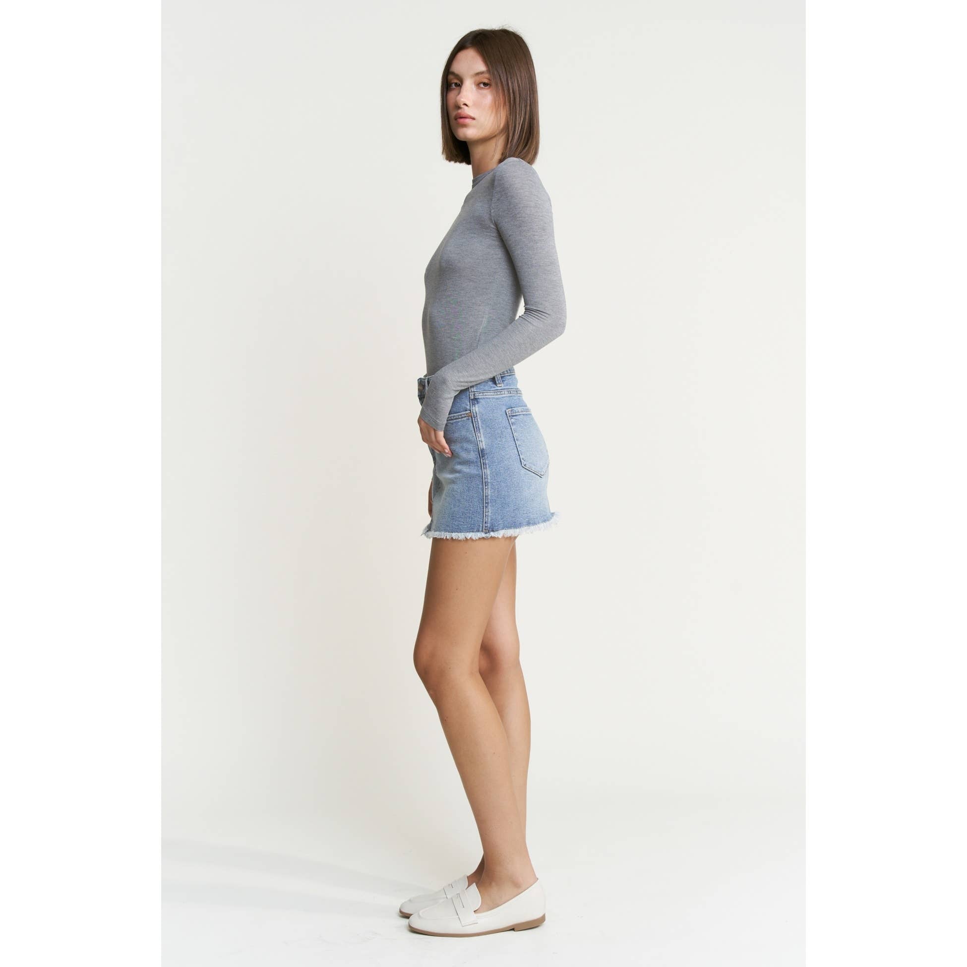 Denim Mini Skirt with Raw Hem: Cyan-Light Blue