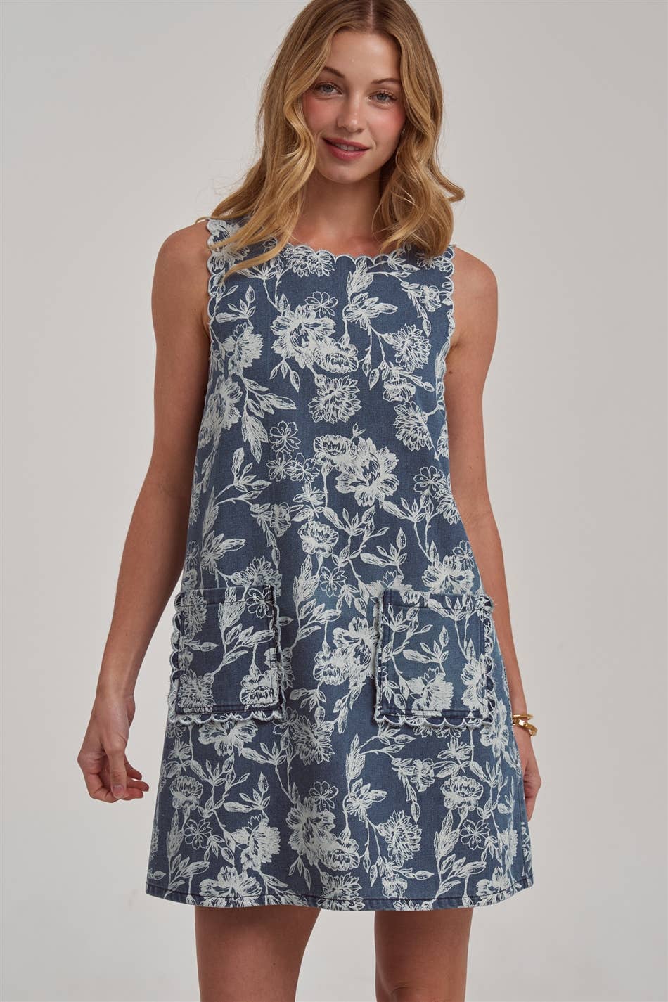 Sleeveless Denim Mini Dress with Scalloped Embroidery Detail