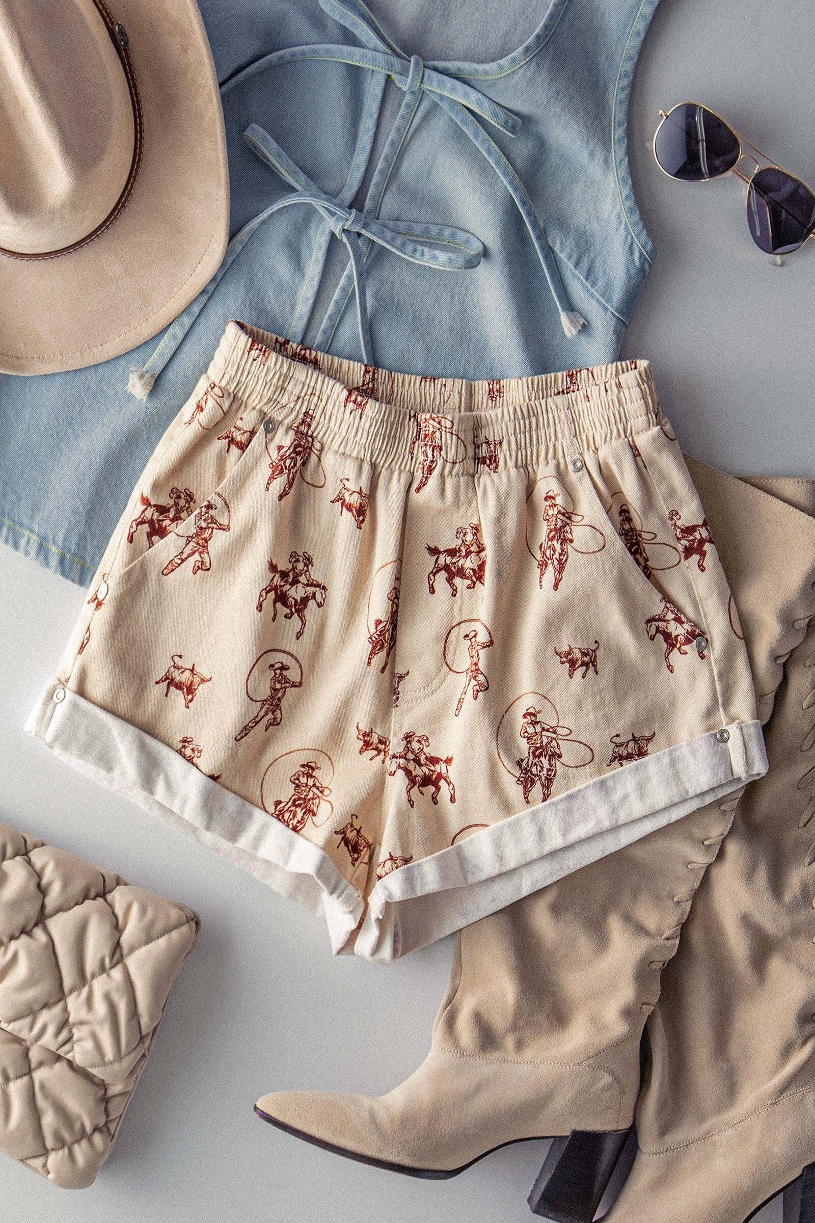 Western Rodeo Ready Roundup Elastic Waistband Shorts: IVORY