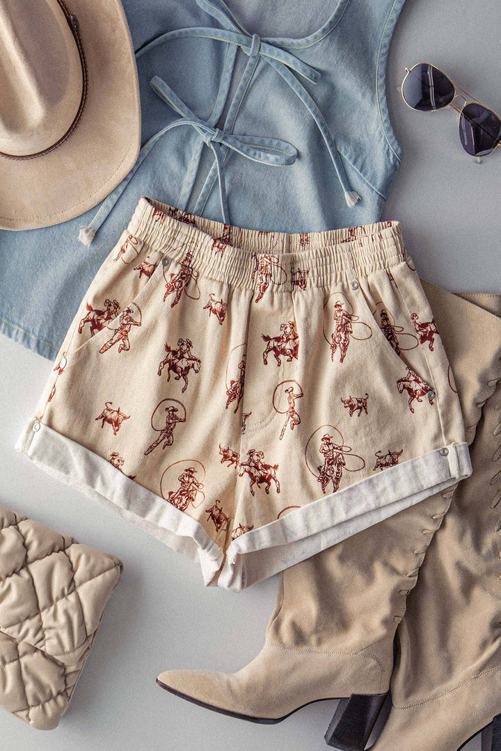 Western Rodeo Ready Roundup Elastic Waistband Shorts: IVORY