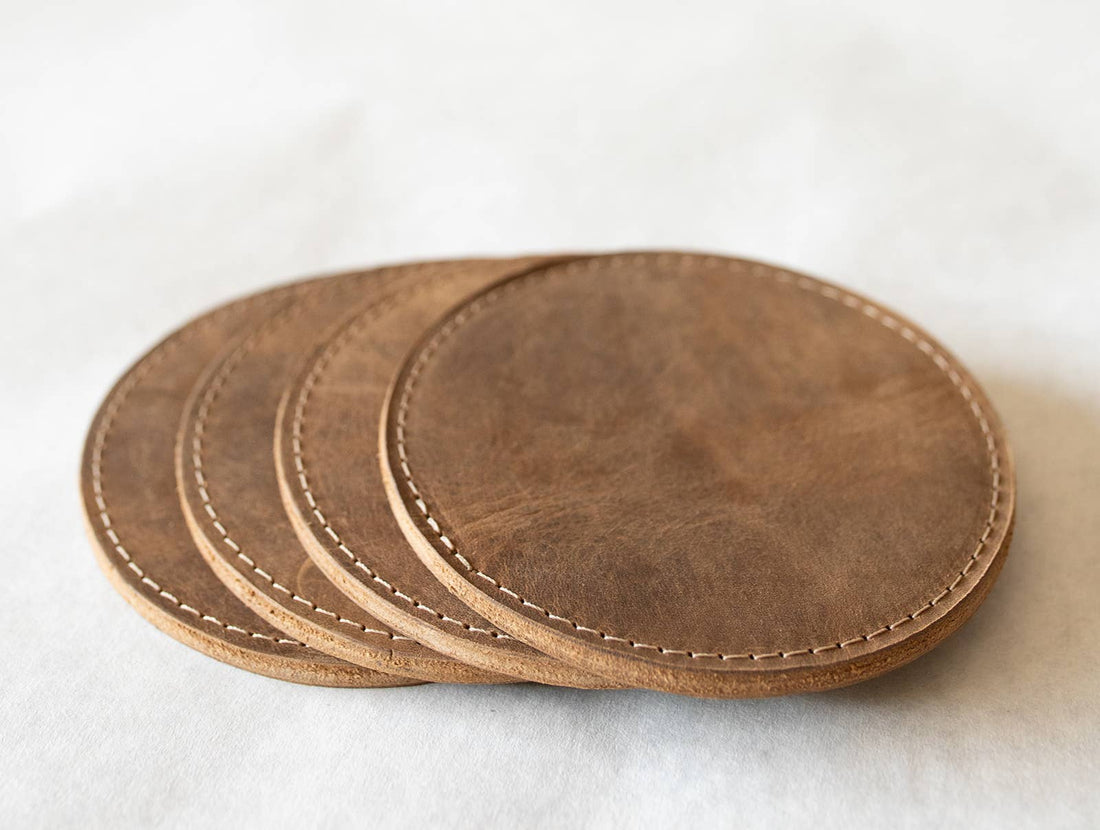 Leather Sewn Coaster Set: Folklore Brown / Small