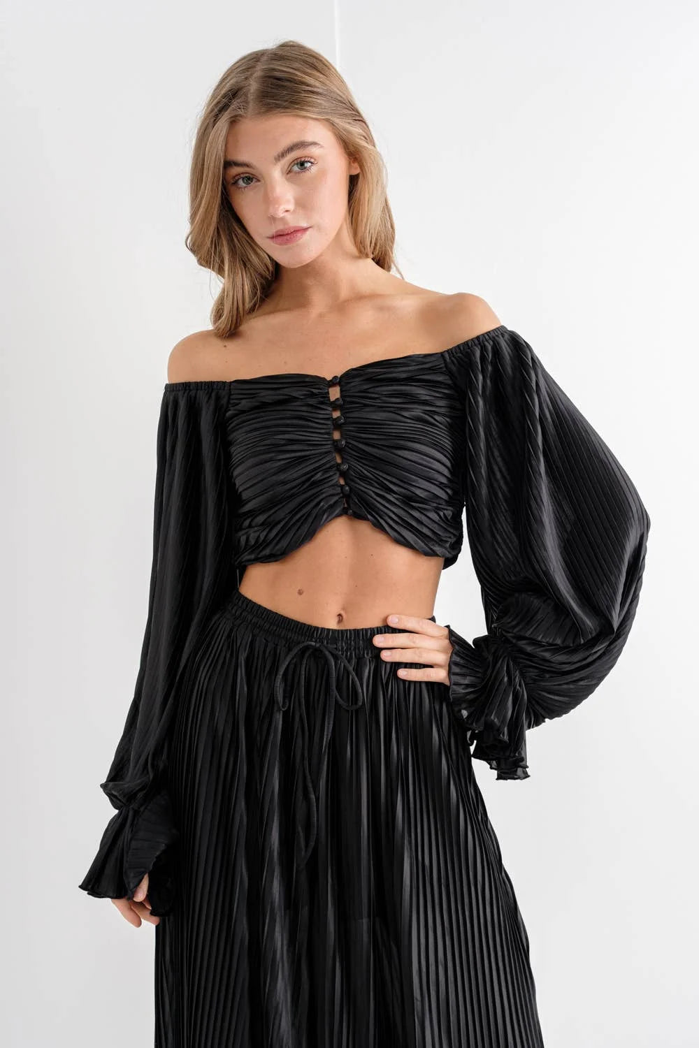 Micro Accordion Pleated Crop Button Up Blouse