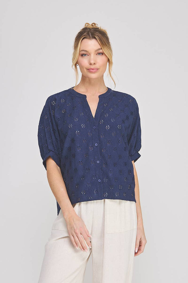 Knit eyelet mandarin button front elbow sleeve dolman: Navy