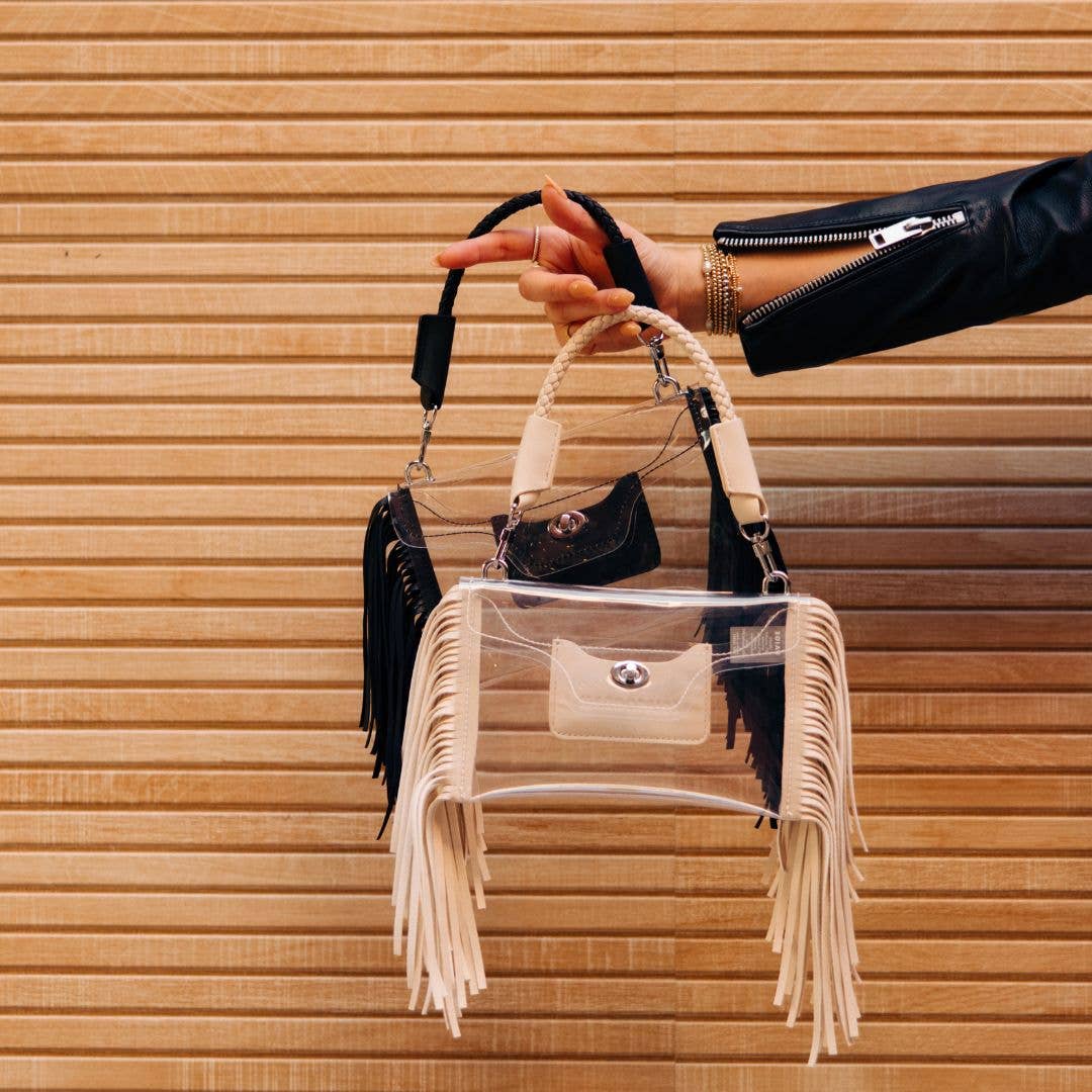 Clear Fringe Crossbody Handbag: Taupe