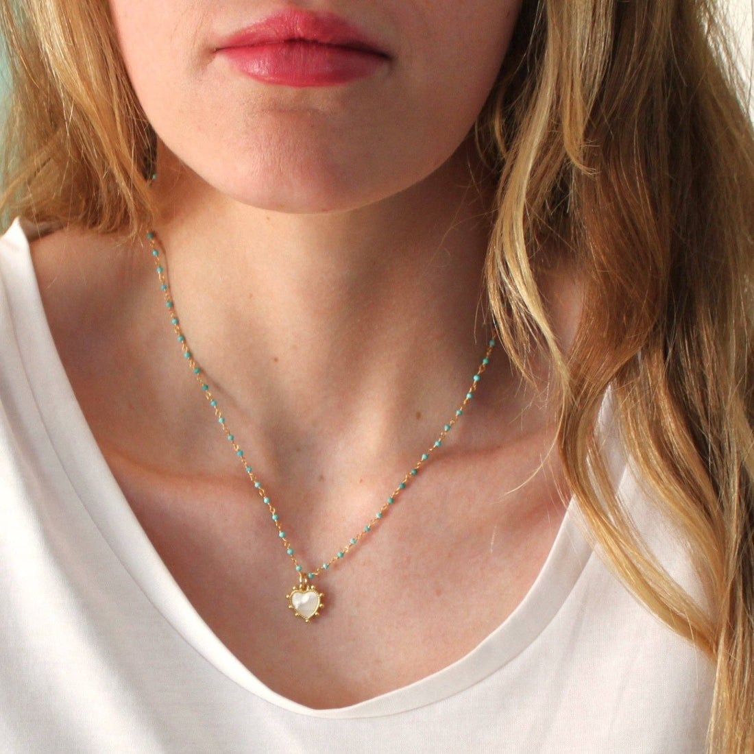 Turquoise Rosary and Heart Pendant Necklace: 16 inch