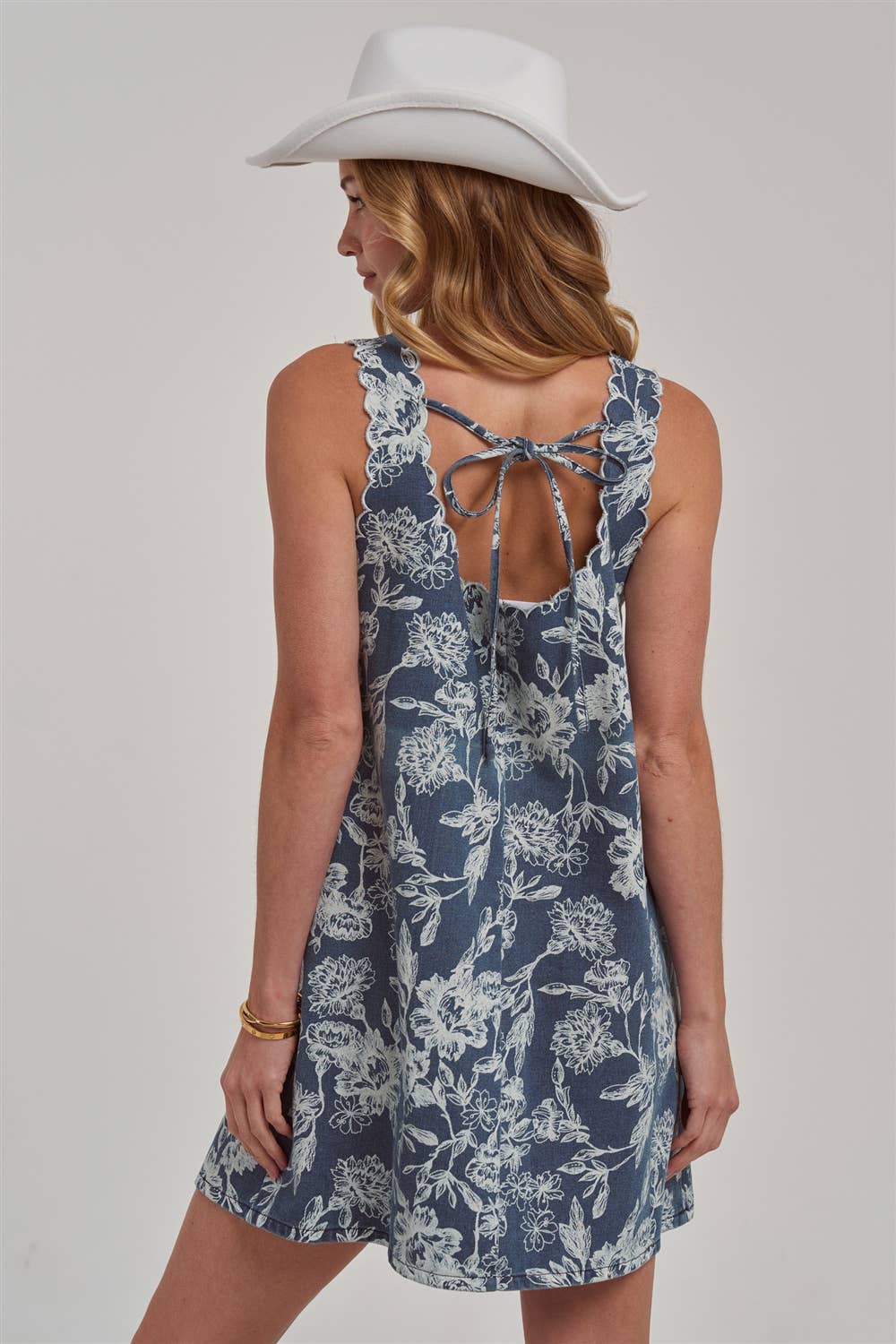 Sleeveless Denim Mini Dress with Scalloped Embroidery Detail