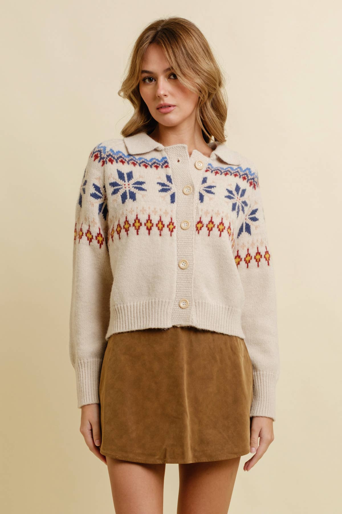 SNOWFLAKE BUTTON UP SWEATER