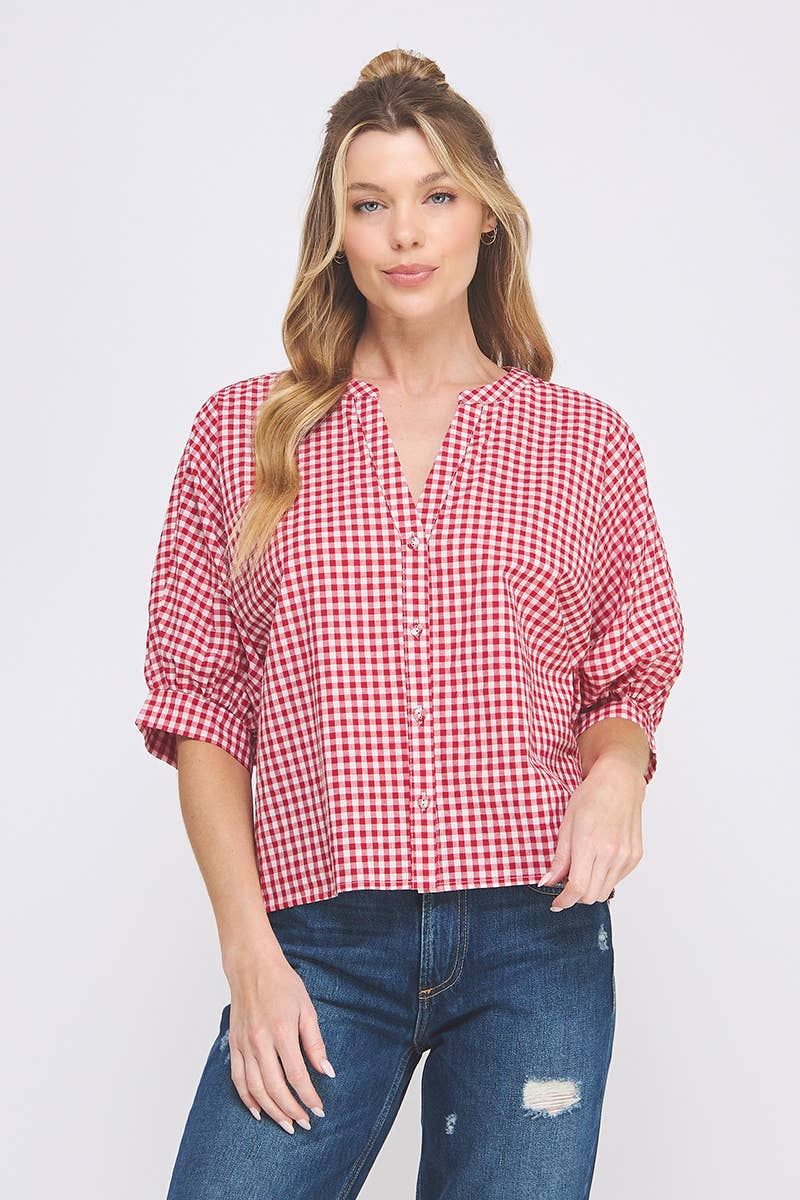 Gingham Cotton Blend Blouse: Red