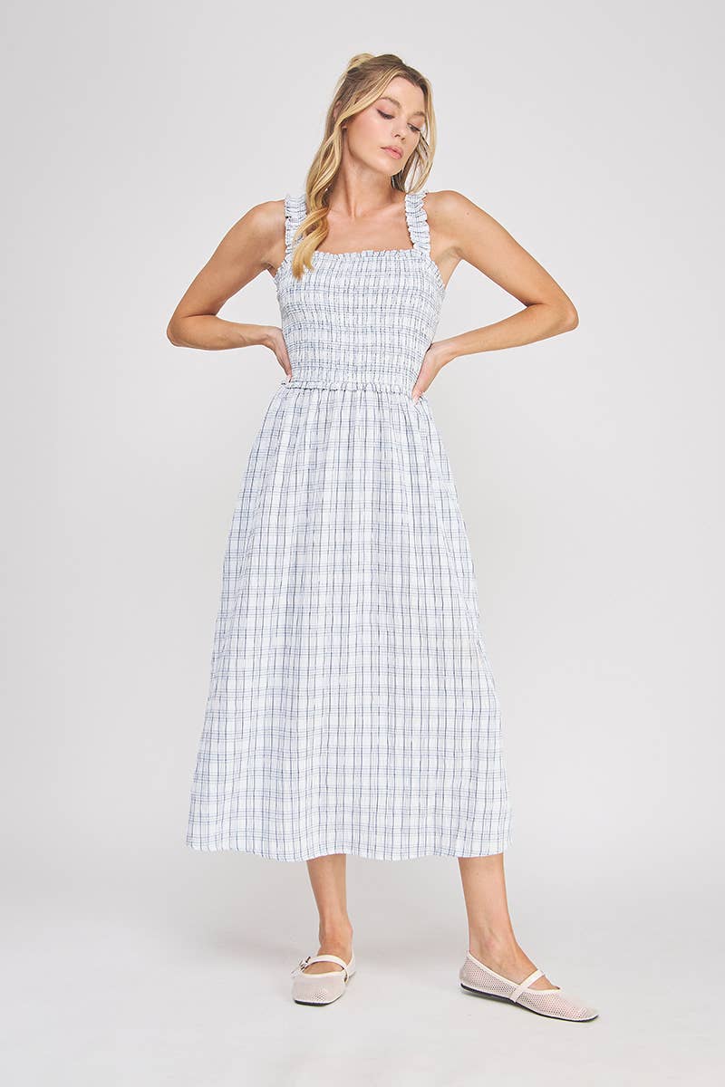 Plaid Print Smocked Midi Dress: BLUE