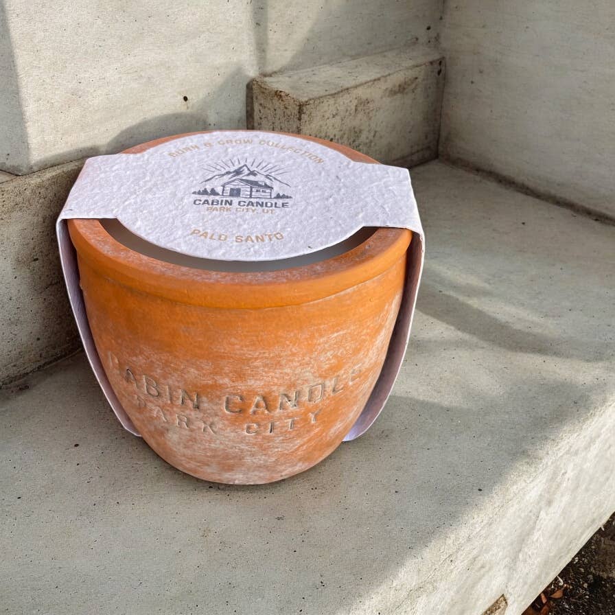 12 oz Plant Pot Scented Candle, Terra cotta pot, Seed Label: Flourish