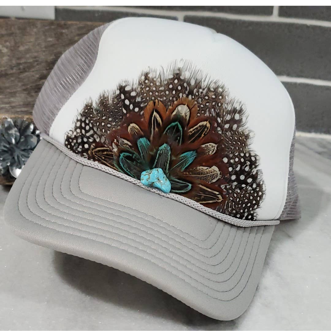Western Feather Crown Trucker Hat: Grey