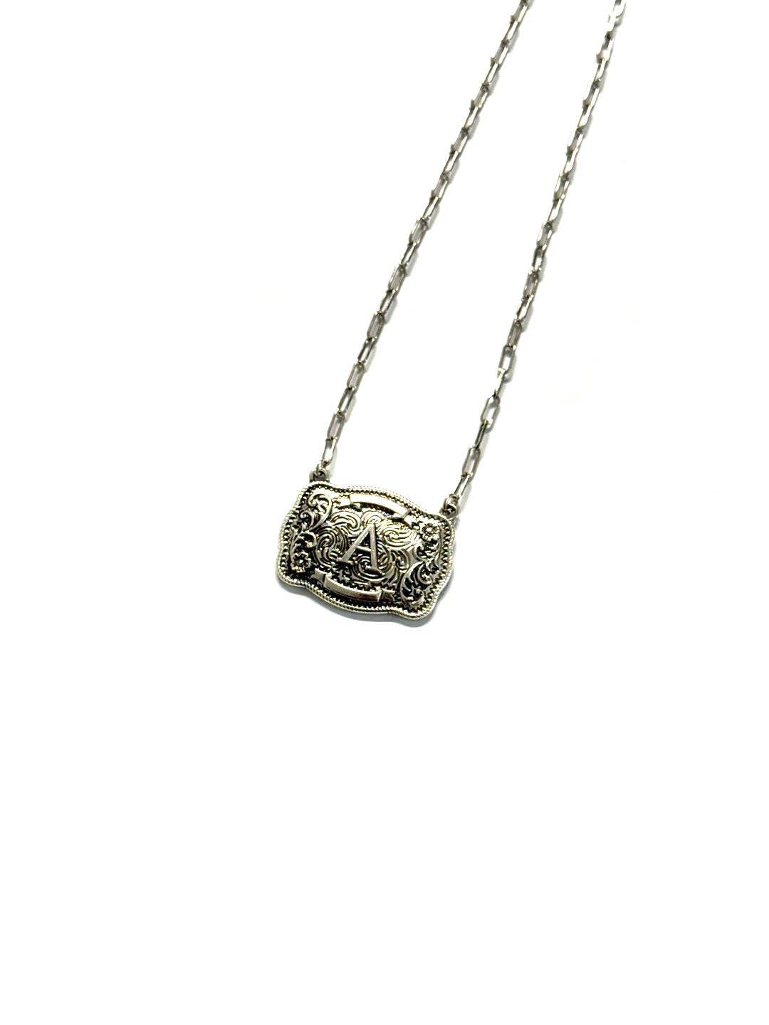 Western Belt Buckle Initial Necklace: E