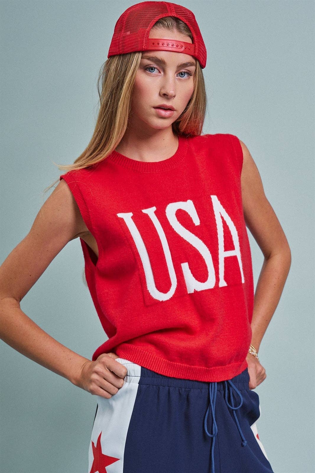 USA Graphic Knit Sleeveless Tank Top: Red