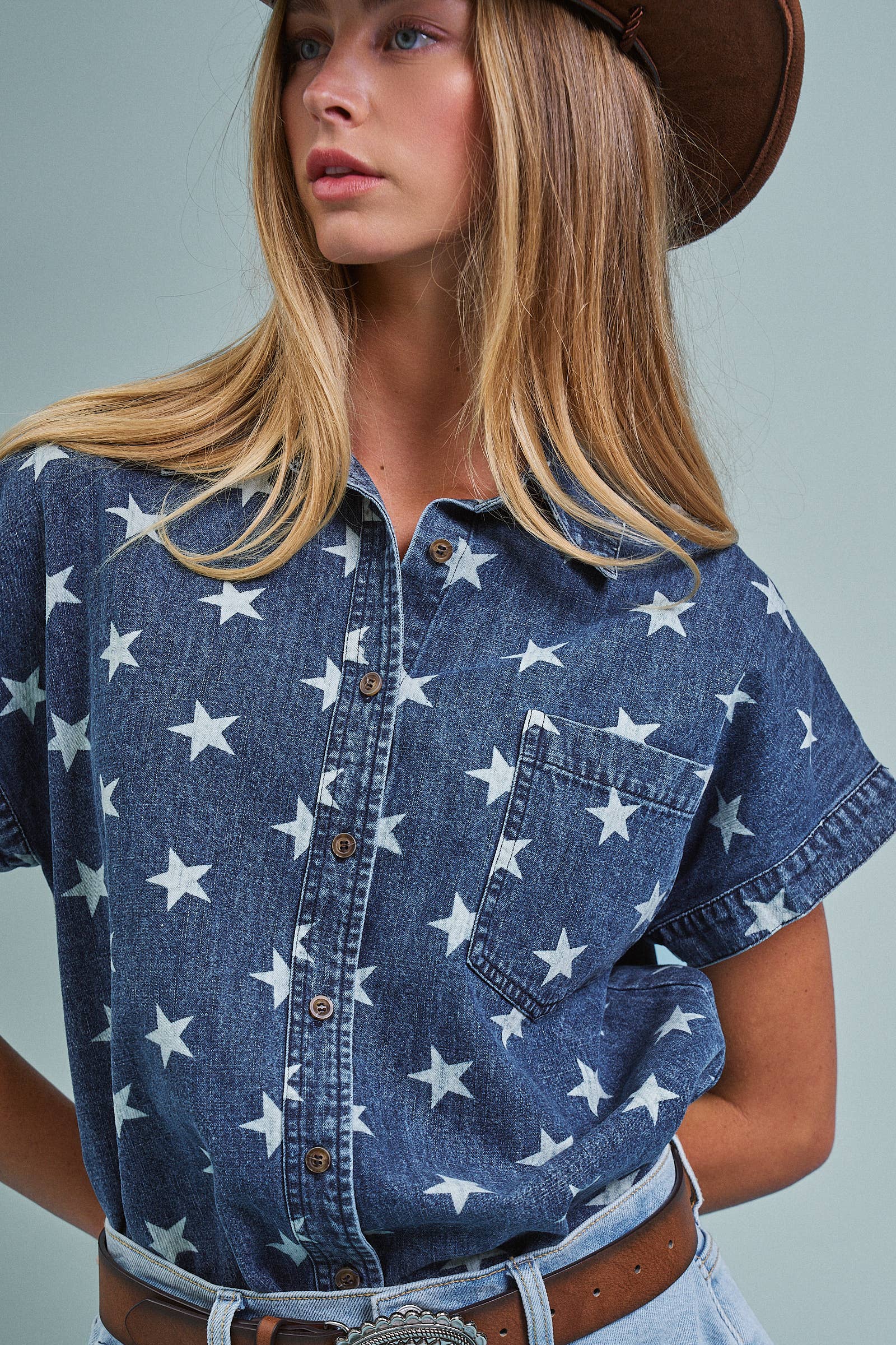 Star Print Chambray Short Sleeve Button Down: DENIM