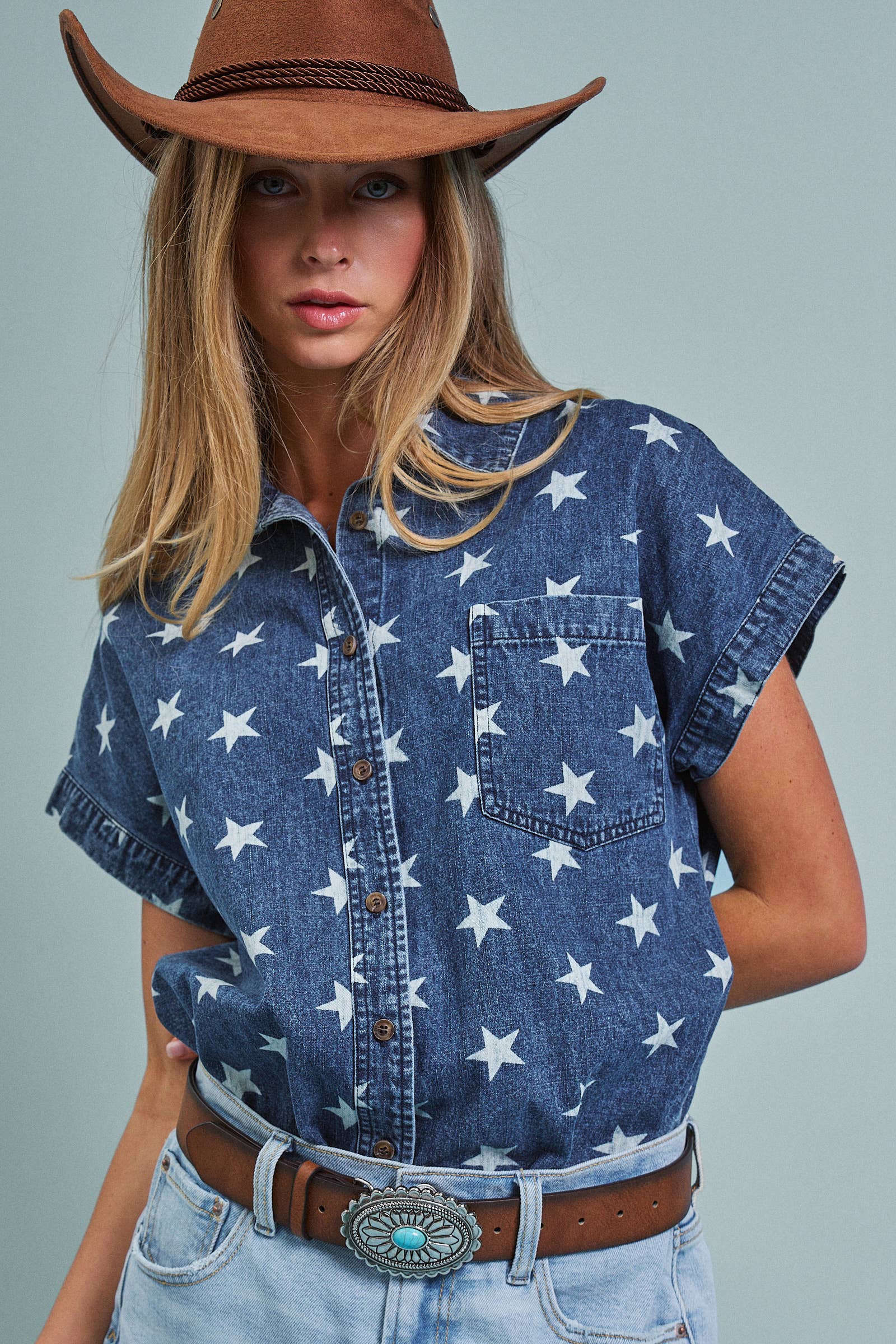 Star Print Chambray Short Sleeve Button Down: DENIM