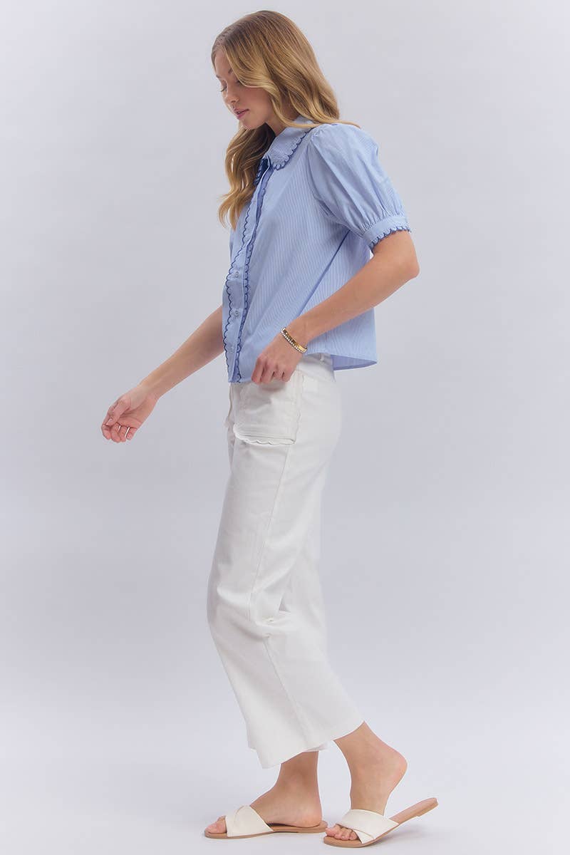 Pin Stripe Blouse Top With Scallop Edge Stitching Detail