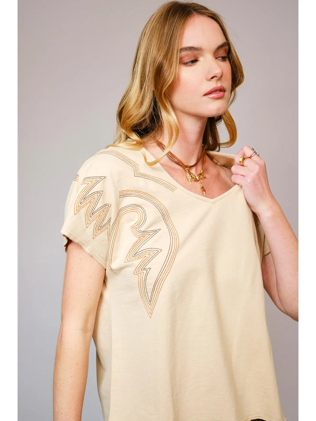 Dolmen Boots Stitch V Neck French Terry T Shirt