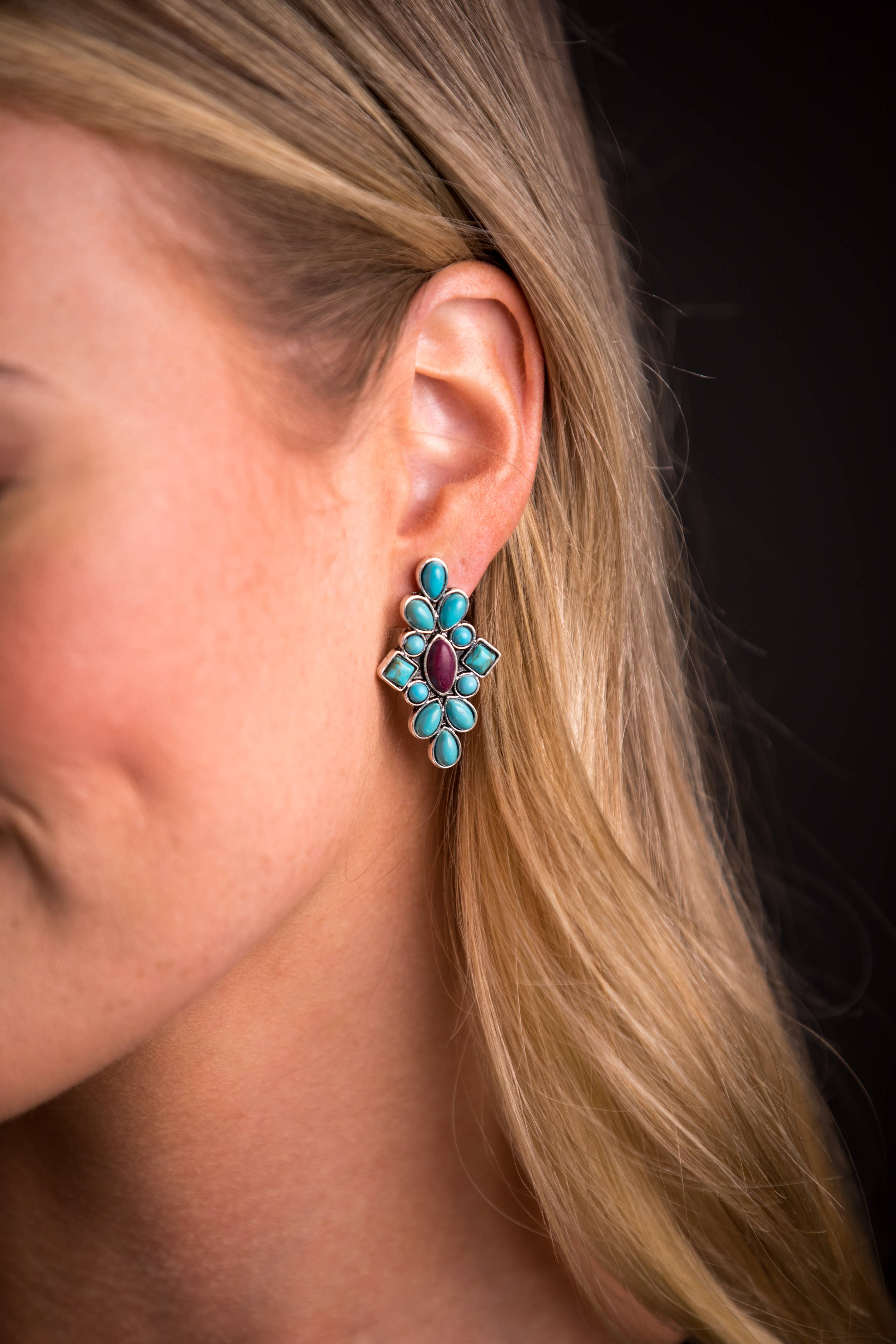 1.25" Dainty Turquoise and Plum Cluster Post Earrings