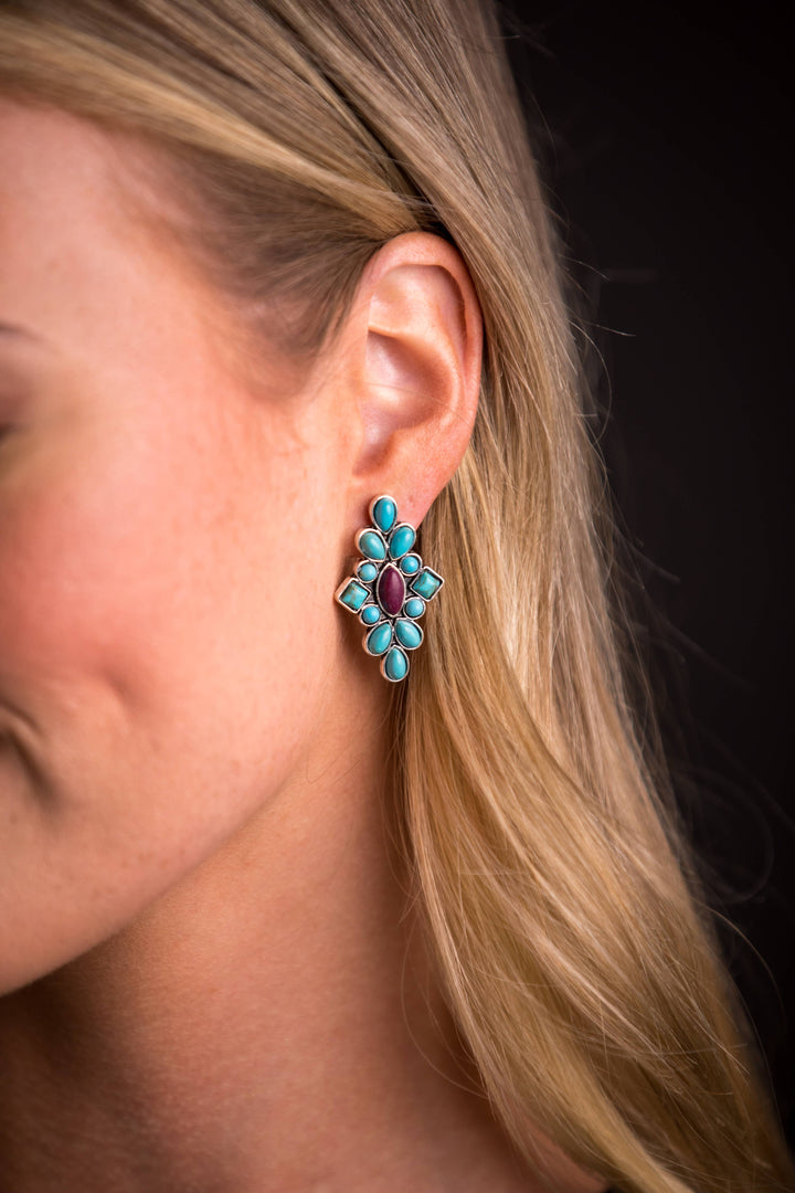 1.25" Dainty Turquoise and Plum Cluster Post Earrings
