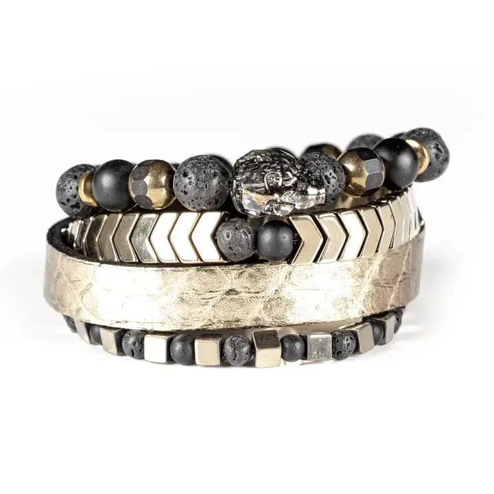 The Alchemist Bracelet Set Gold Leather & Lava Stone Stack: S 18 cm