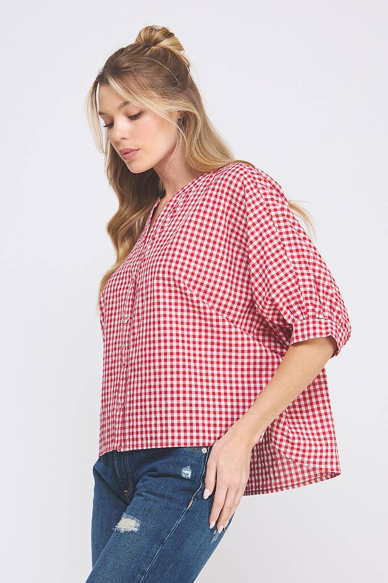 Gingham Cotton Blend Blouse: Red