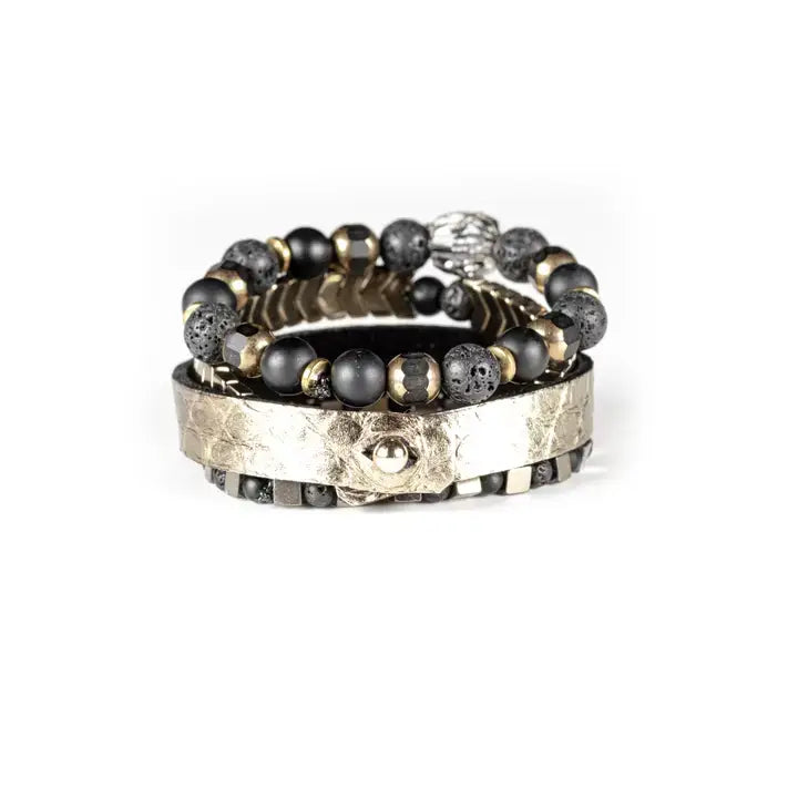 The Alchemist Bracelet Set Gold Leather & Lava Stone Stack: S 18 cm
