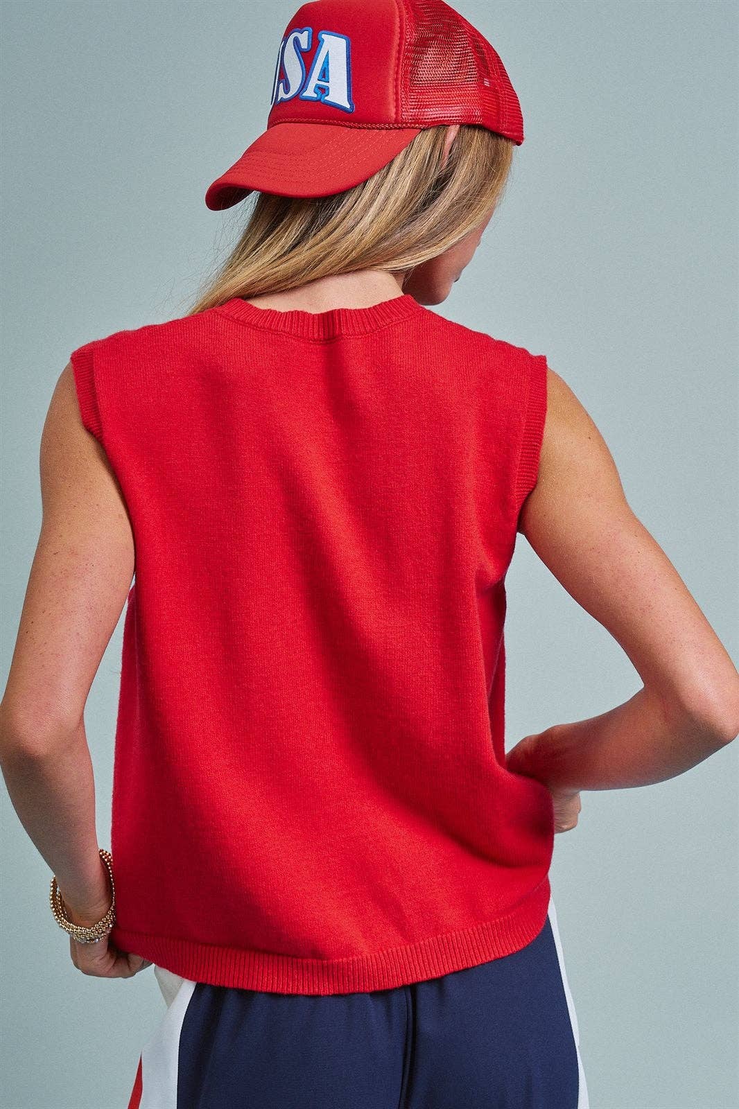 USA Graphic Knit Sleeveless Tank Top: Red
