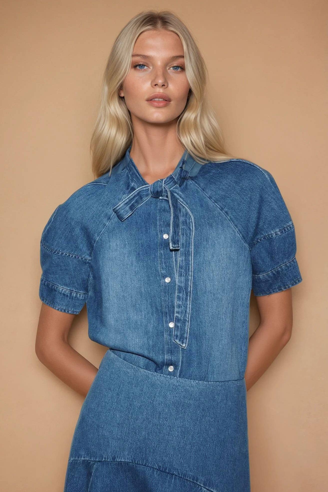 Tie Neck Denim Blouse: Mid Denim
