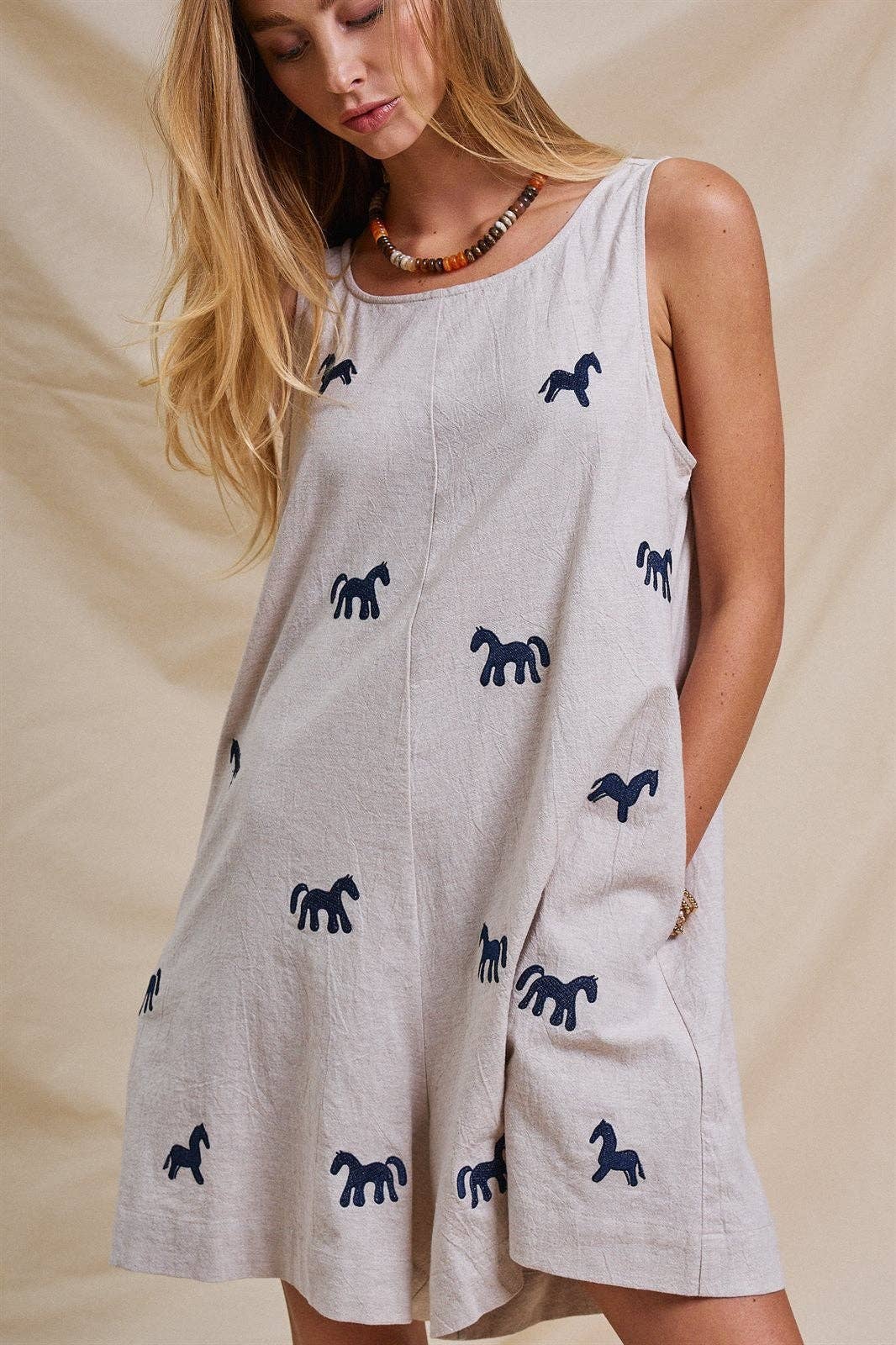 Embroidered Pony Cotton Linen Sleeveless Romper Linen