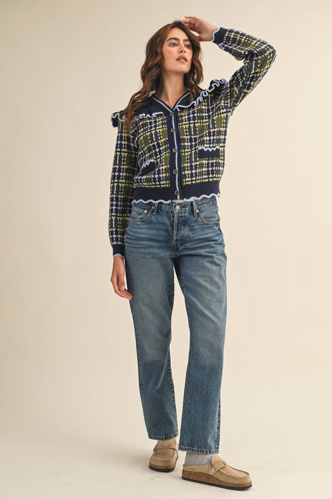 RUFFLED YOKE PLAID SWEATER CARDIGAN