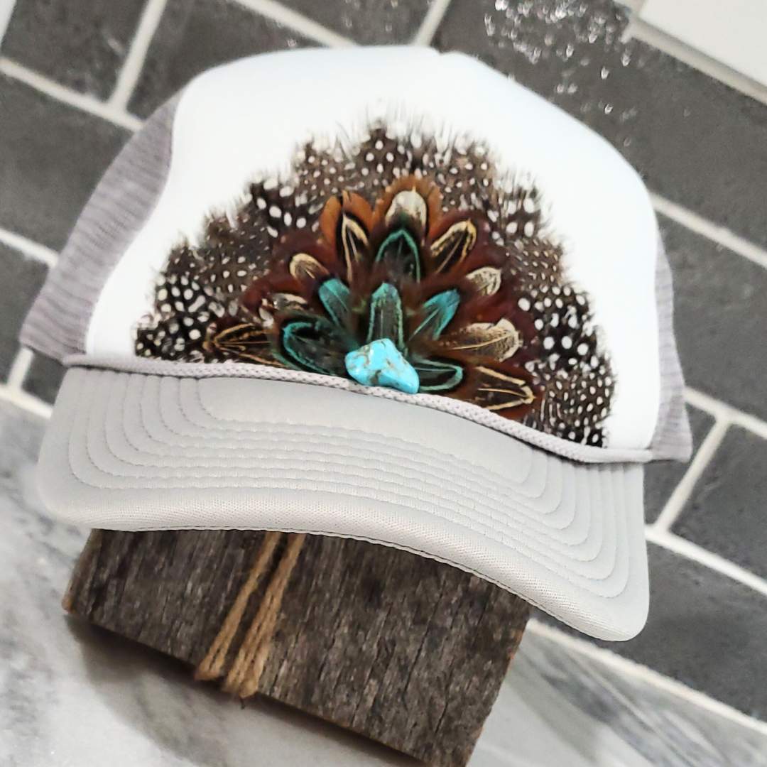 Western Feather Trucker Hat Retro Feather Trucker Hat: Black on black