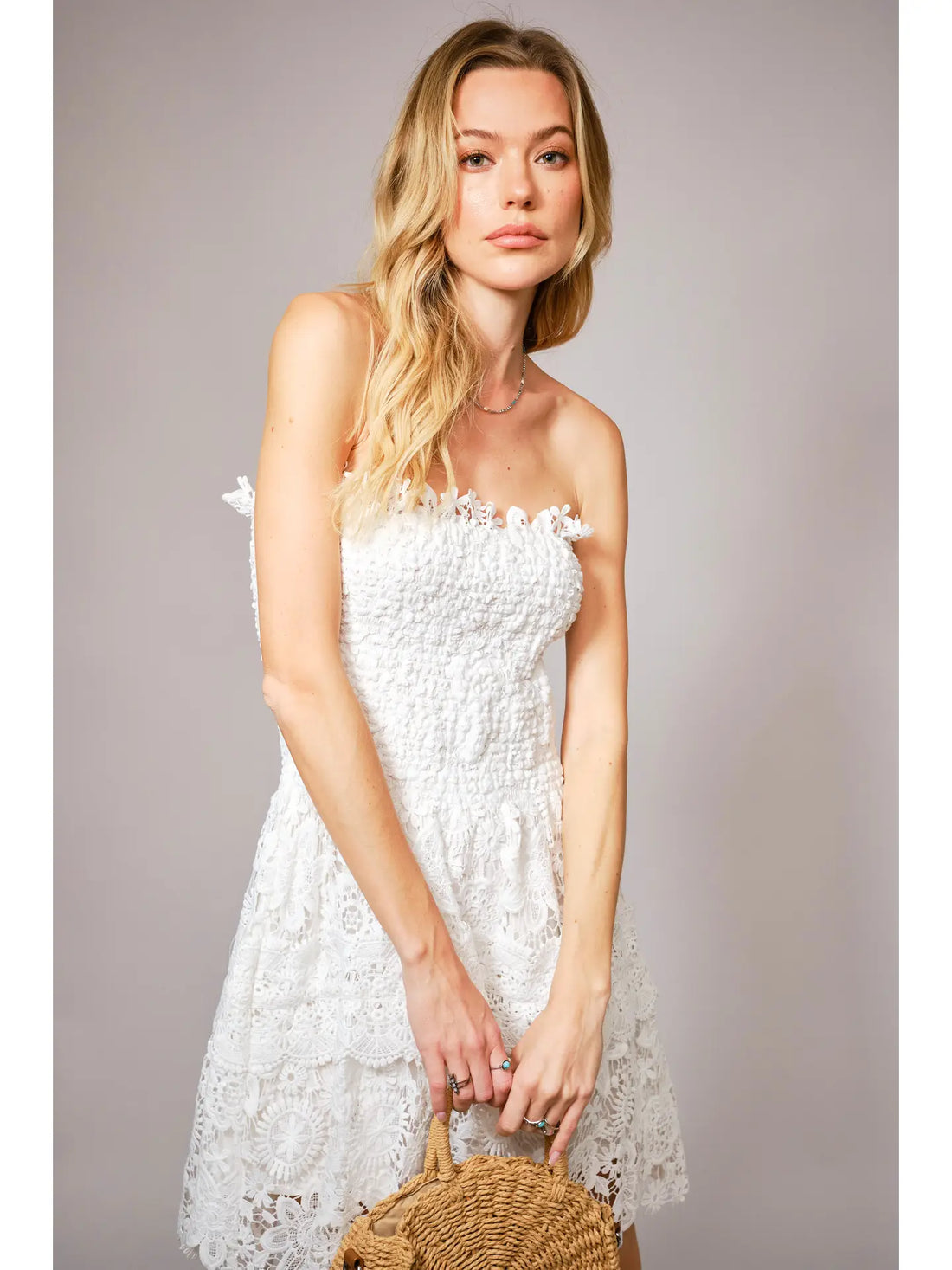 Strapless Shirred Guipure Lace Mini Dress