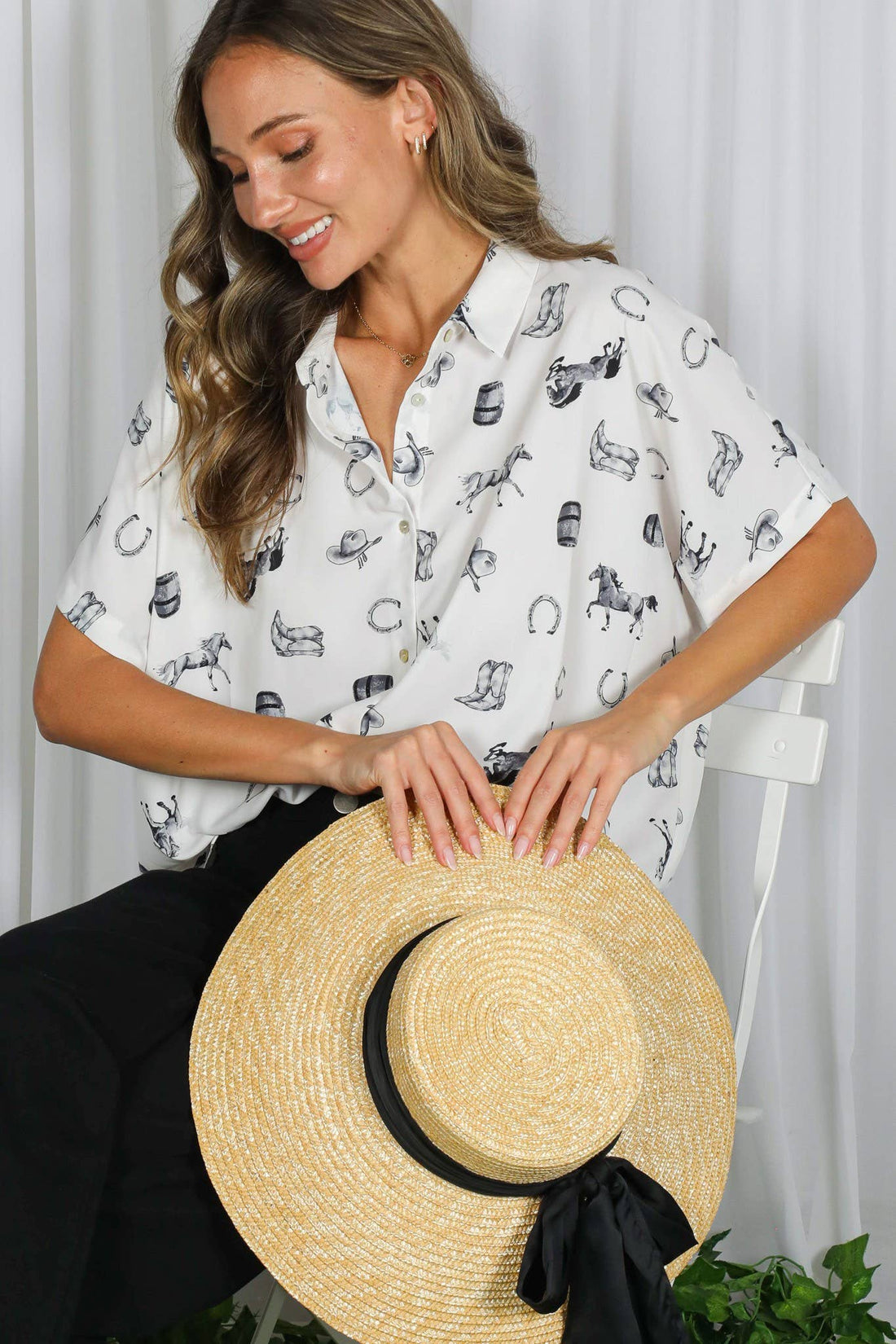 Western-Inspired Collared Button Front Shirt Top Cream/Brown