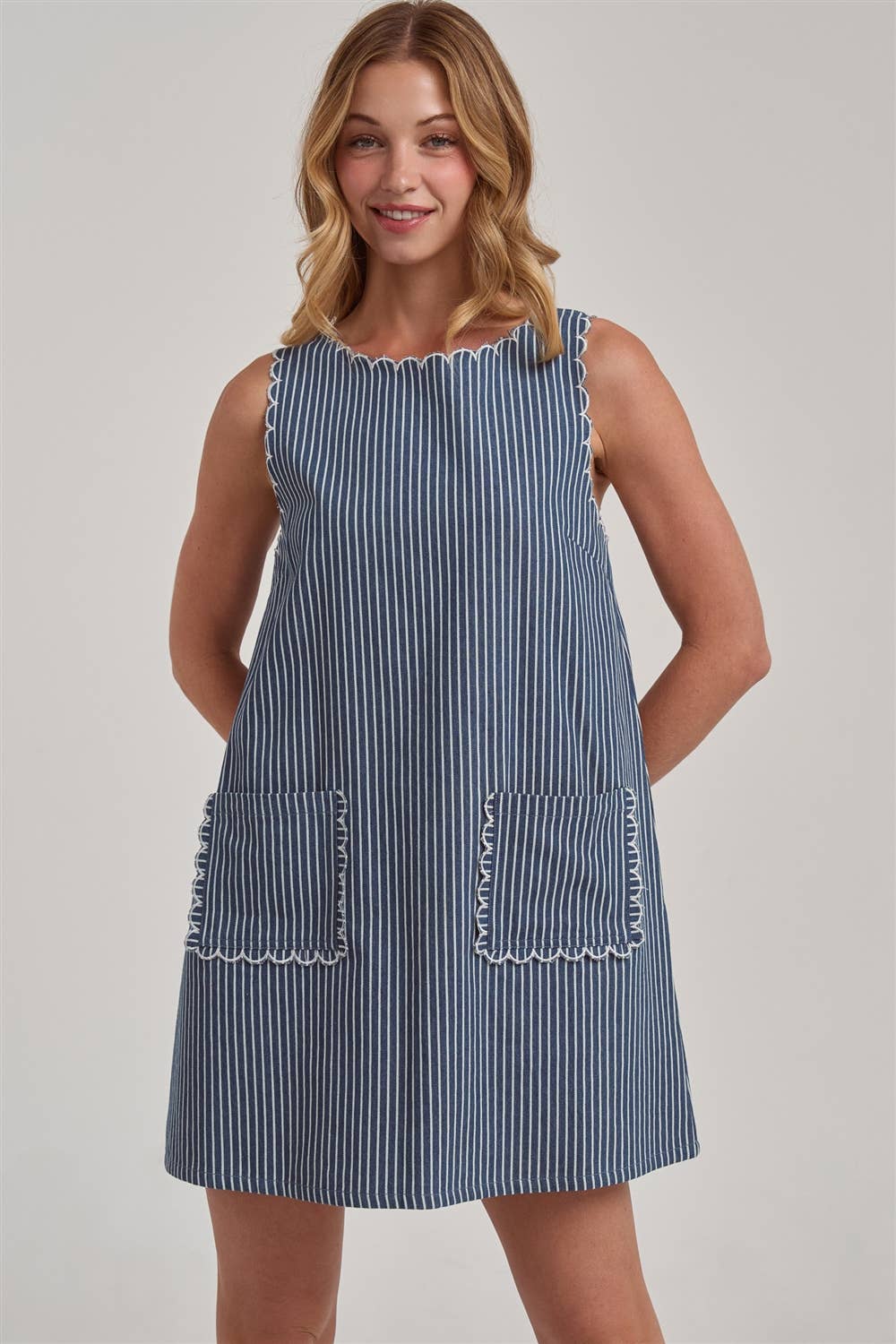 Sleeveless Stripe Denim Mini Dress With Scalloped Embroidery