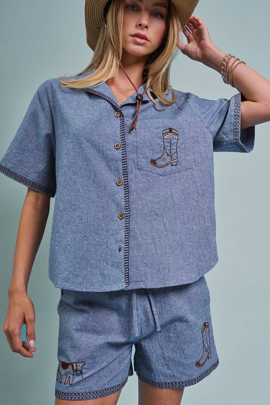 Western Boot Embroidered Pocket Shirt