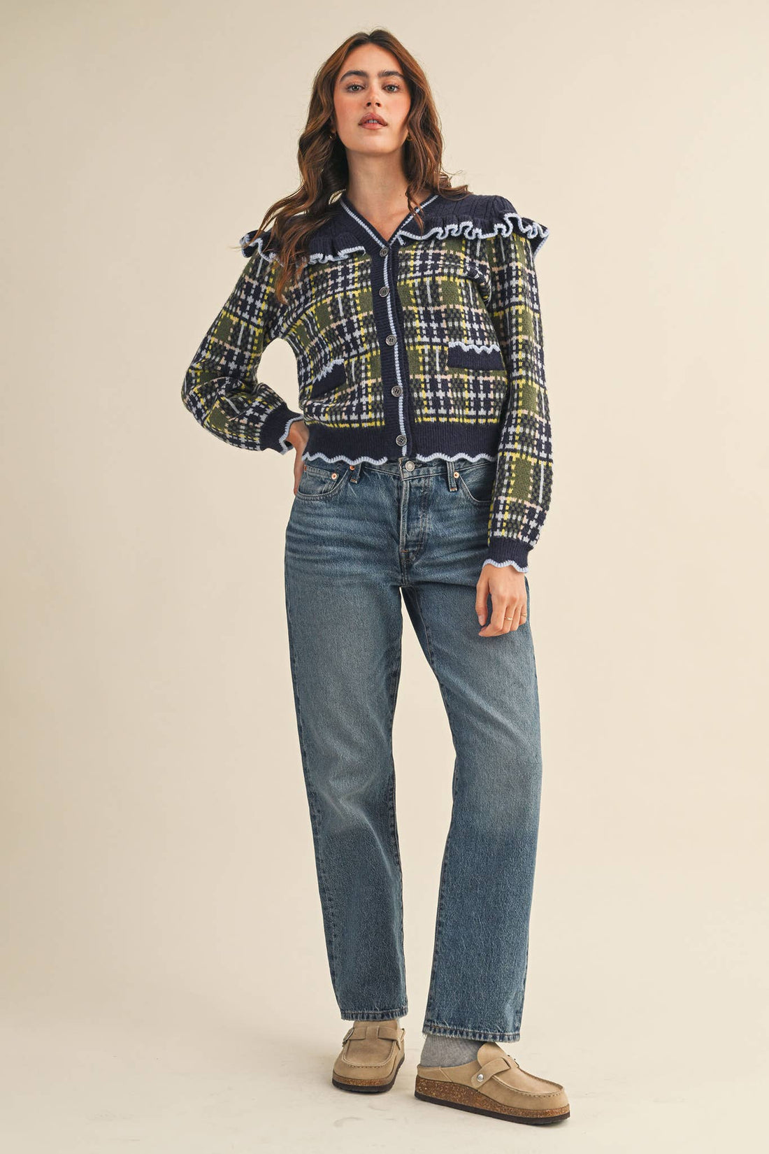 RUFFLED YOKE PLAID SWEATER CARDIGAN