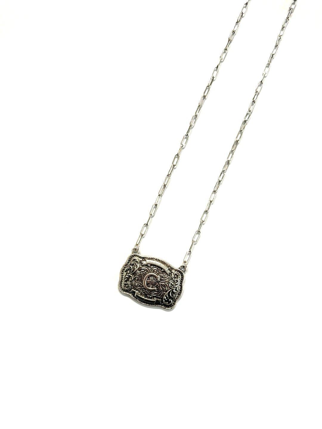 Western Belt Buckle Initial Necklace: E
