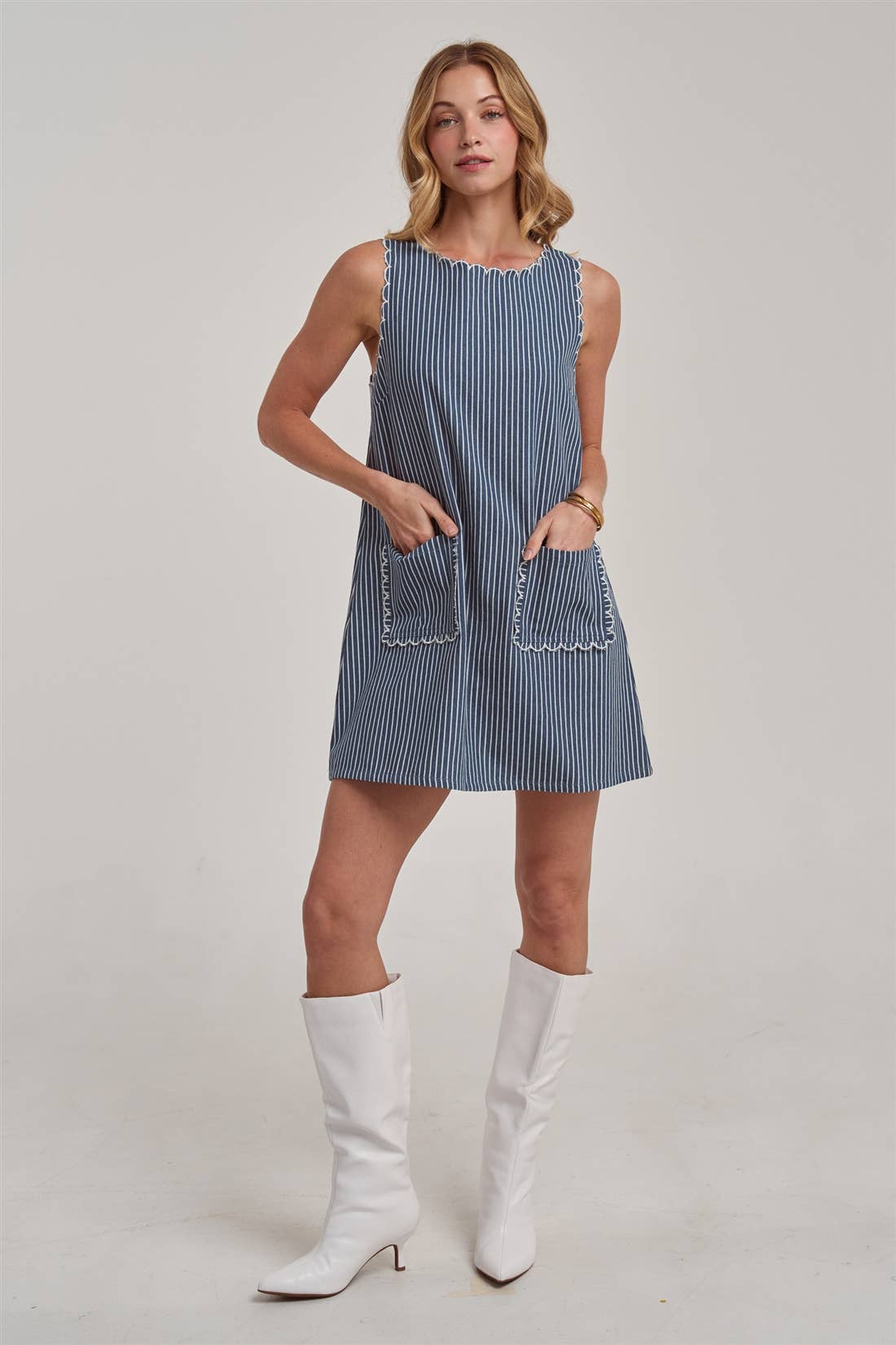 Sleeveless Stripe Denim Mini Dress With Scalloped Embroidery